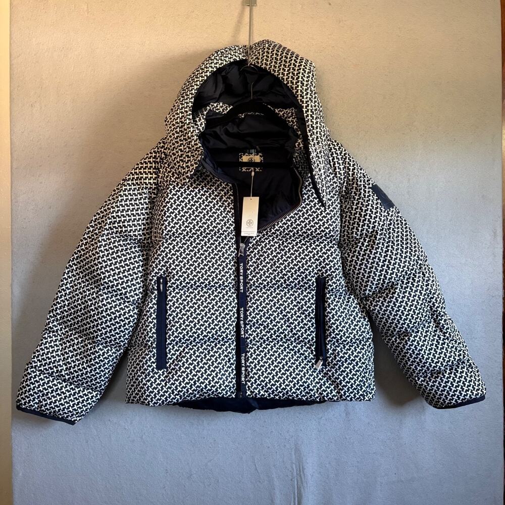 Tory Burch Sport XL Cropped Performance Satin Diagonal T Down Puffer Jacket NWT - Picture 2 of 11